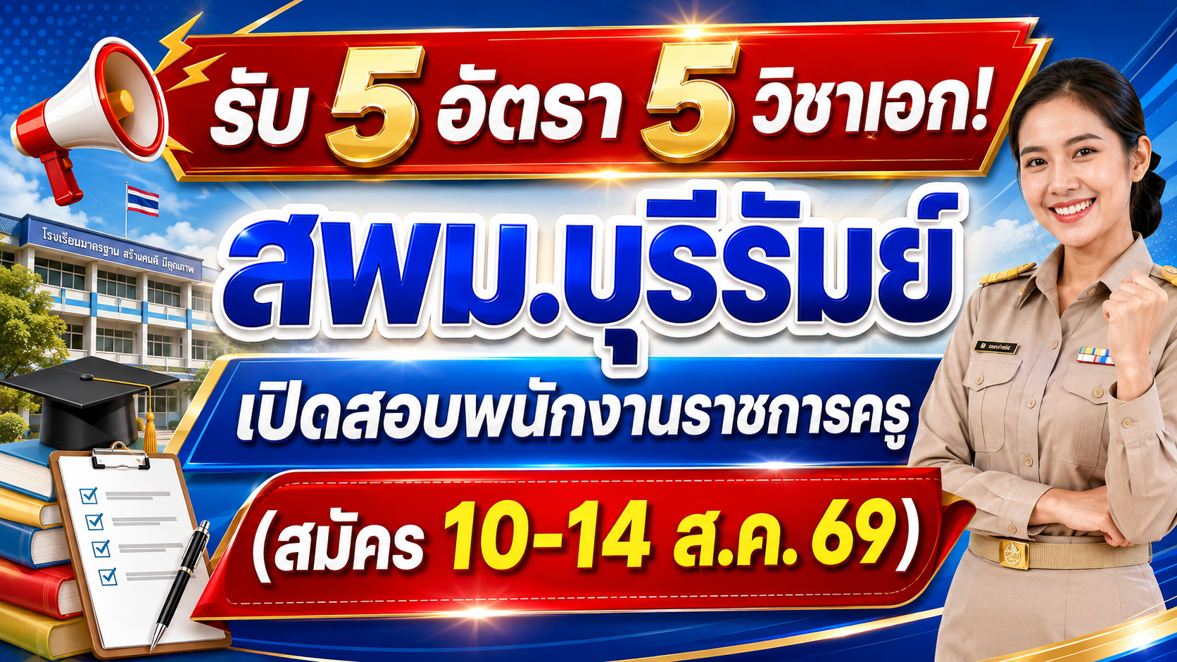 รับ 5 อัตรา 5 วิชาเอก! สพม.บุรีรัมย์ เปิดสอบพนักงานราชการครู (สมัคร 10-14 ส.ค. 69)