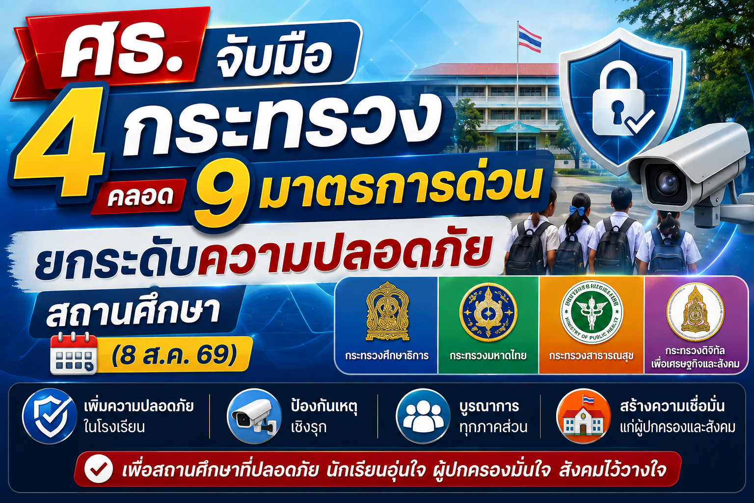 ศธ. จับมือ 4 กระทรวง คลอด 9 มาตรการด่วน ยกระดับความปลอดภัยสถานศึกษา (8 ส.ค. 69)