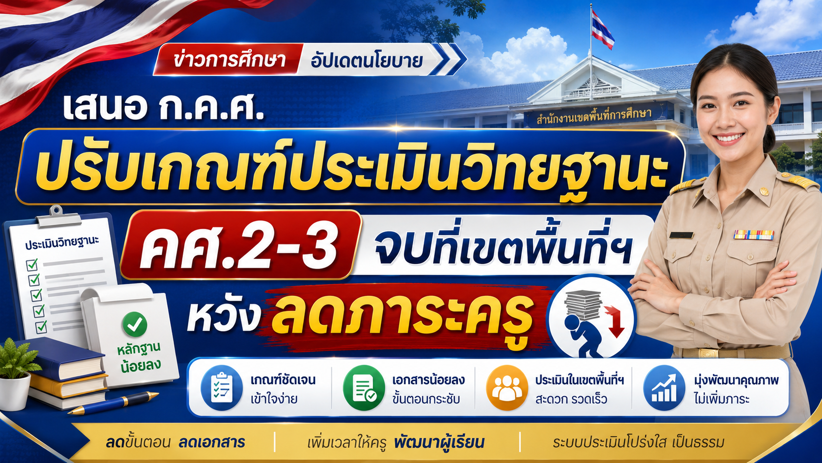 เสนอ ก.ค.ศ. ปรับเกณฑ์ประเมินวิทยฐานะ คศ.2-3 จบที่เขตพื้นที่ฯ หวังลดภาระครู