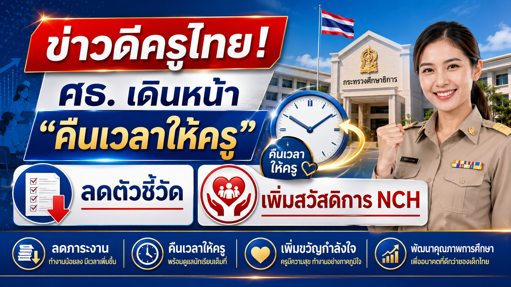ข่าวดีครูไทย! ศธ. เดินหน้า 'คืนเวลาให้ครู' ลดตัวชี้วัด-เพิ่มสวัสดิการ NCH
