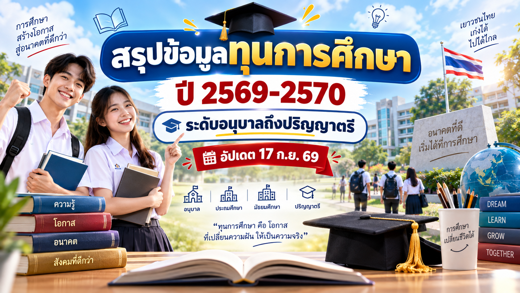 สรุปข้อมูลทุนการศึกษา ปี 2569-2570 ระดับอนุบาลถึงปริญญาตรี (อัปเดต 17 ก.ย. 69)