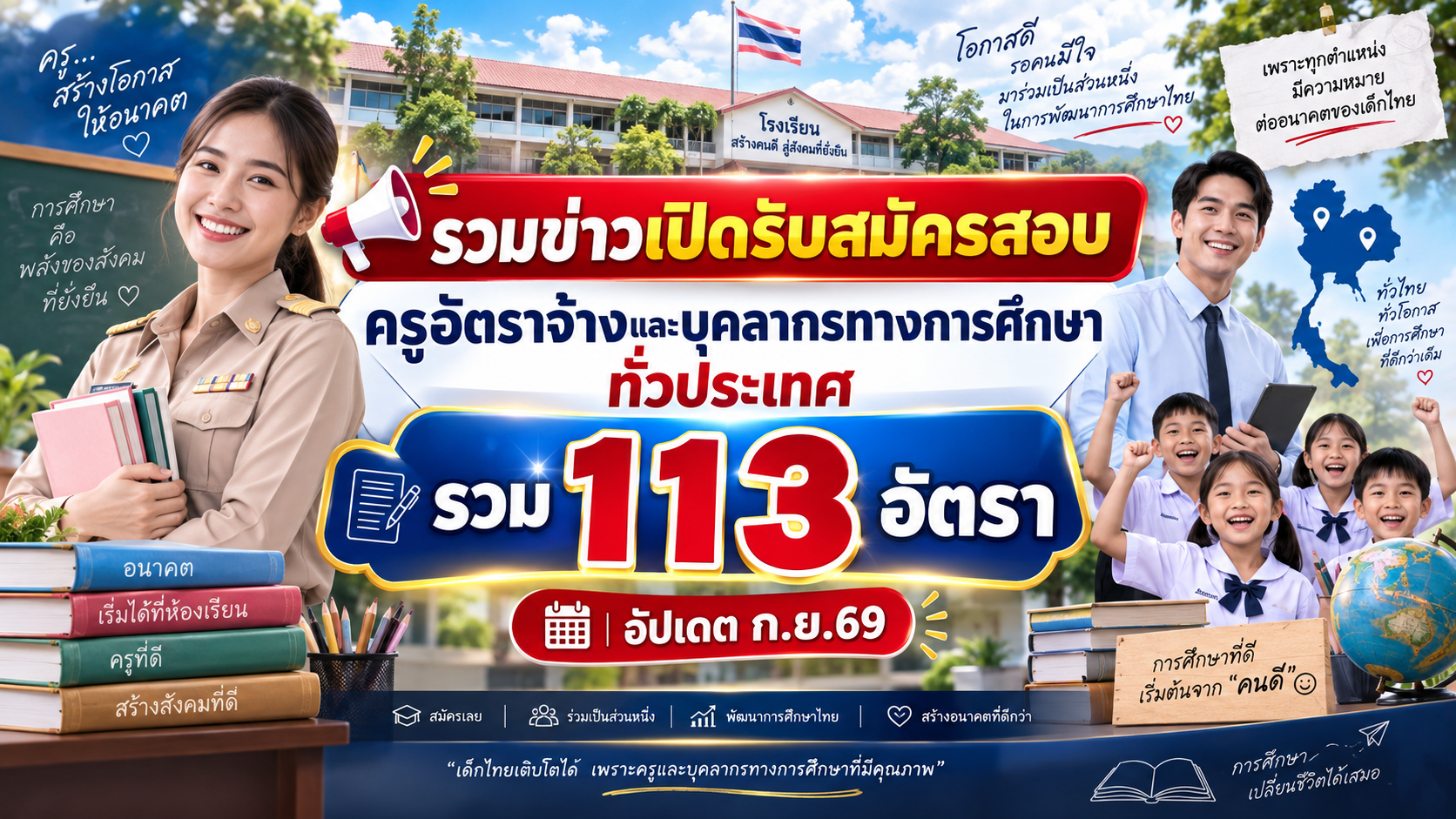 รวมข่าวเปิดรับสมัครสอบครูอัตราจ้างและบุคลากรทางการศึกษาทั่วประเทศ รวม 113 อัตรา (อัปเดต ก.ย.69)