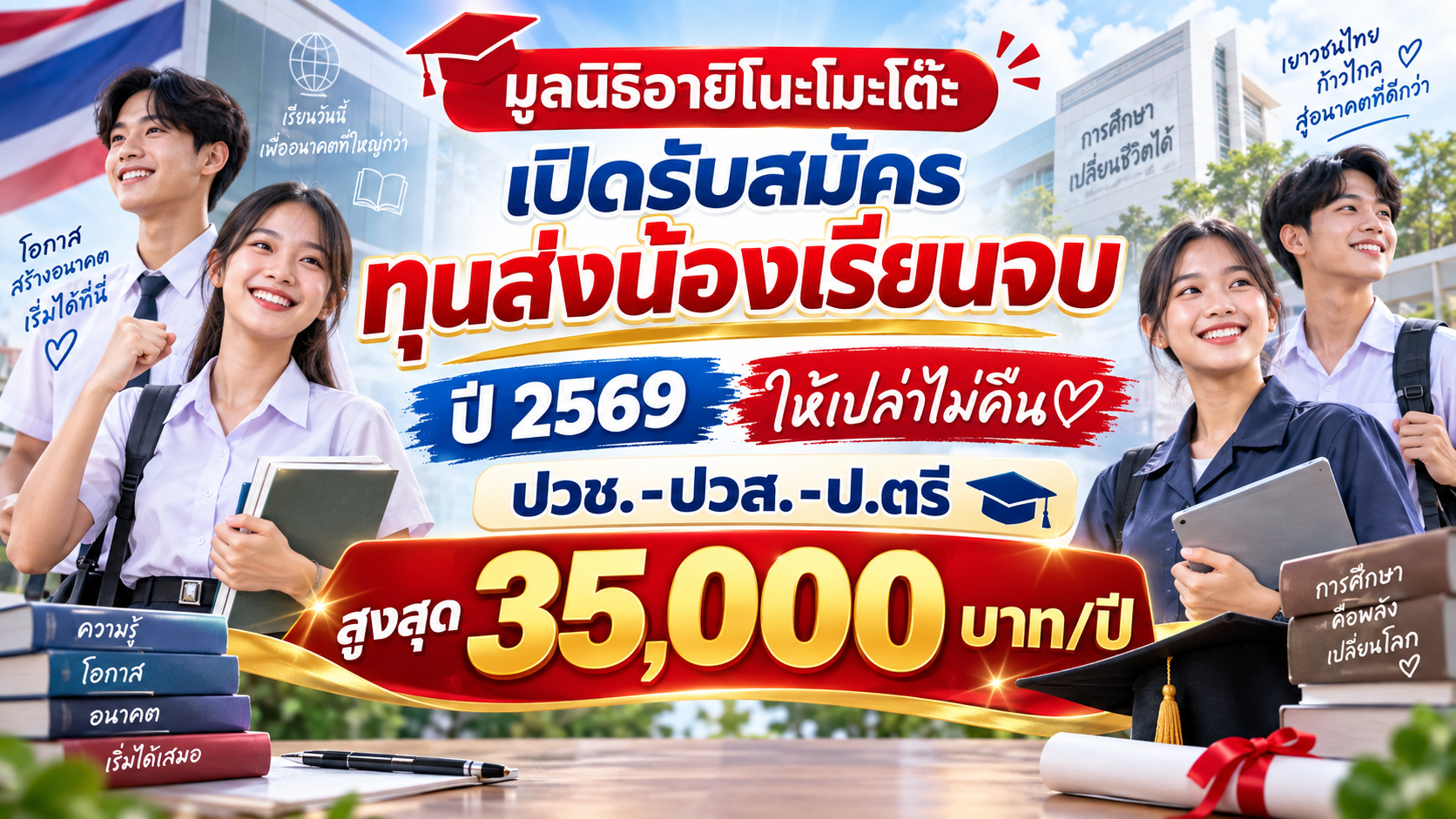 มูลนิธิอายิโนะโมะโต๊ะ เปิดรับสมัครทุนส่งน้องเรียนจบ ปี 2569 ให้เปล่าไม่คืน ปวช.-ปวส.-ป.ตรี สูงสุด 35,000 บาท/ปี