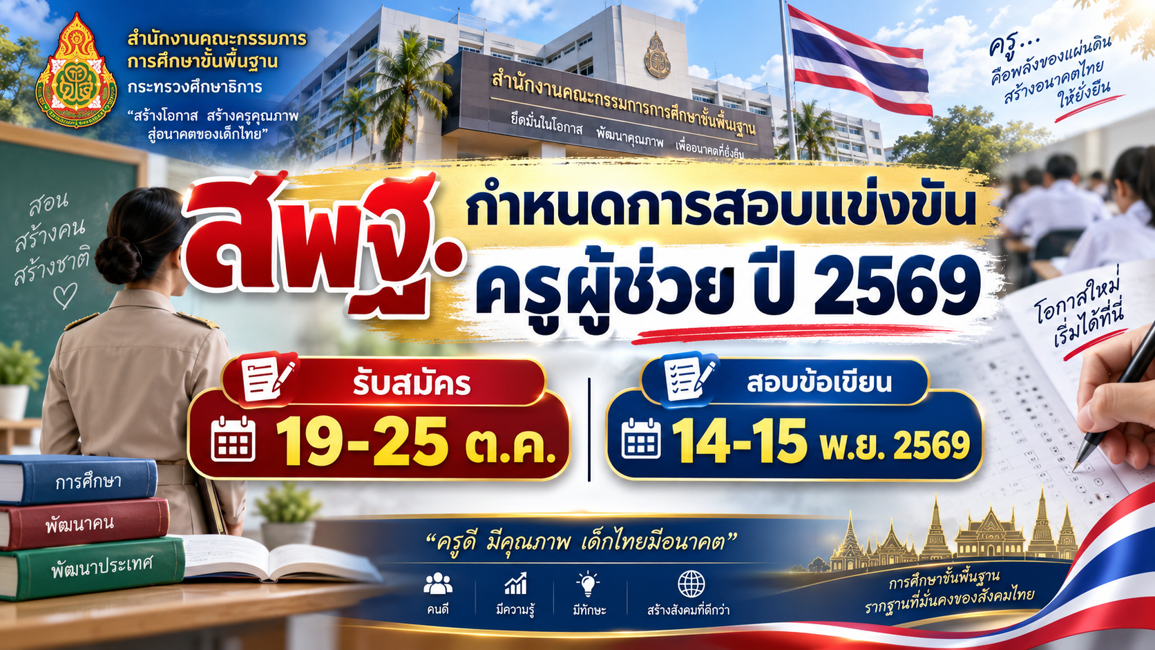 สพฐ. กำหนดการสอบแข่งขันครูผู้ช่วย ปี 2569 รับสมัคร 19-25 ต.ค. สอบข้อเขียน 14-15 พ.ย. 2569