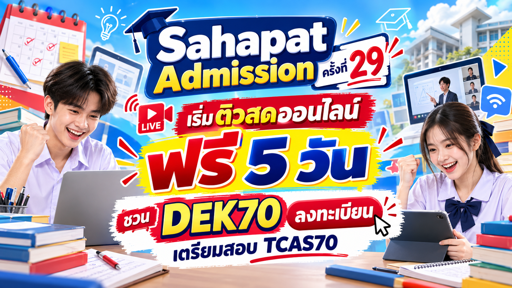 Sahapat Admission ครั้งที่ 29 เริ่มติวสดออนไลน์ฟรี 5 วัน ชวน DEK70 ลงทะเบียนเตรียมสอบ TCAS70