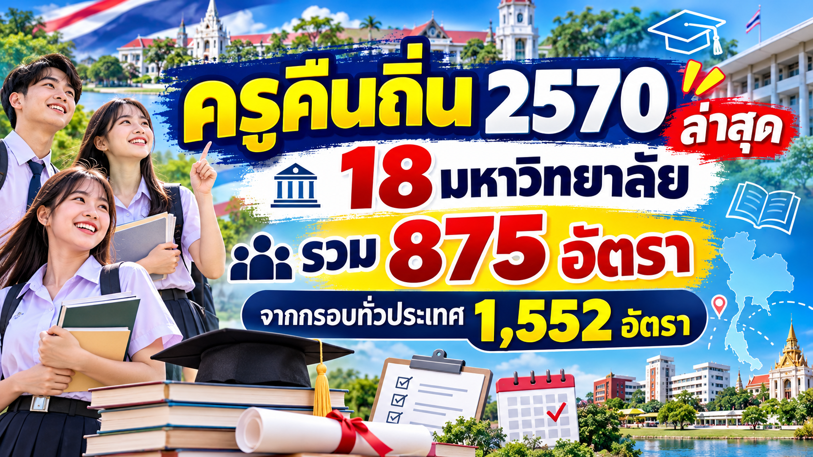 ครูคืนถิ่น 2570 ล่าสุด 18 มหาวิทยาลัย รวม 875 อัตรา จากกรอบทั่วประเทศ 1,552 อัตรา