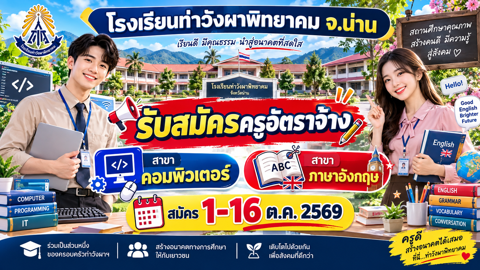 โรงเรียนท่าวังผาพิทยาคม จ.น่าน รับสมัครครูอัตราจ้าง (คอมพิวเตอร์, ภาษาอังกฤษ) สมัคร 1-16 ต.ค. 2569