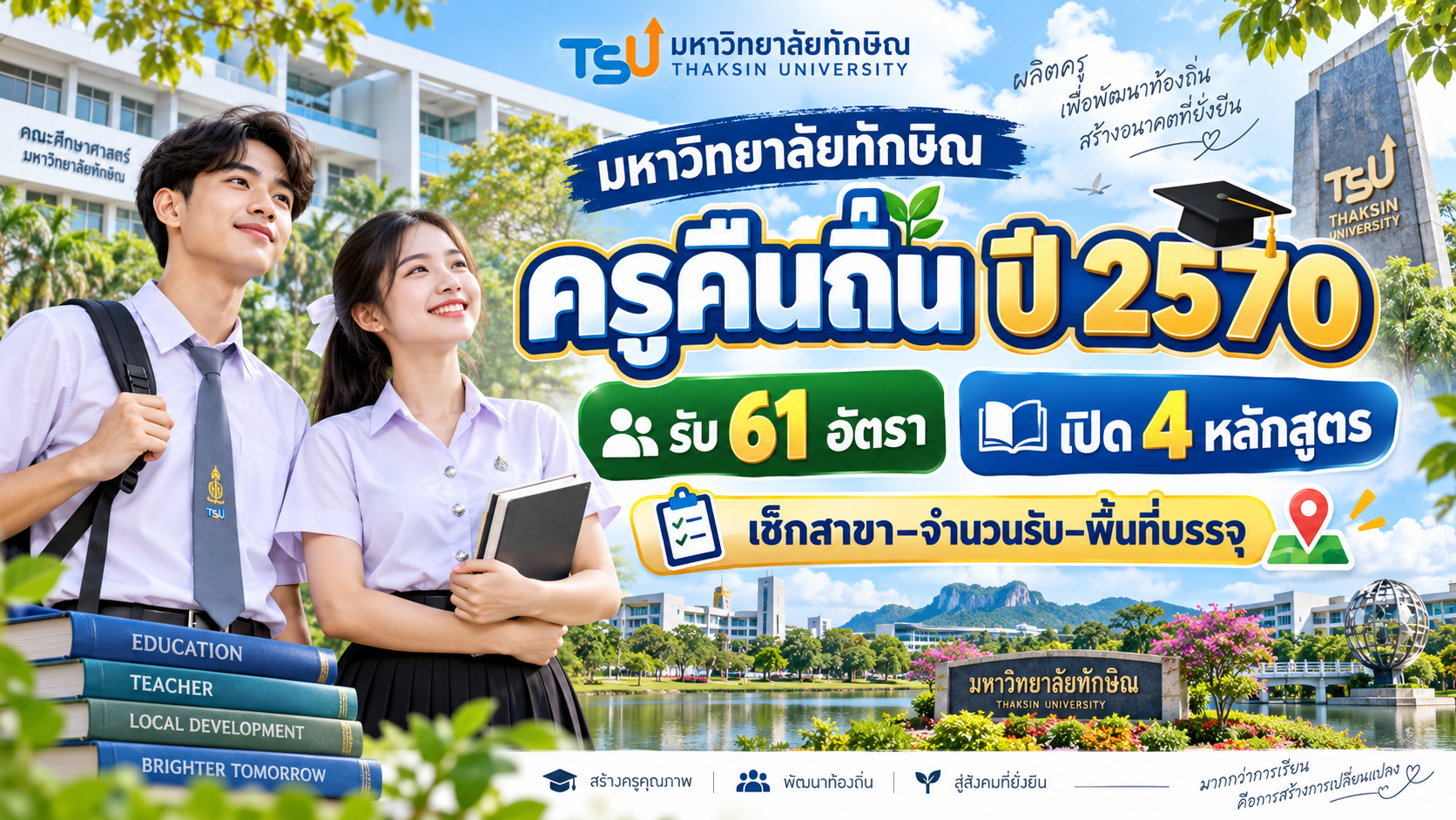 ครูคืนถิ่น ปี 2570 มหาวิทยาลัยทักษิณ รับ 61 อัตรา เปิด 4 หลักสูตร เช็กสาขา–จำนวนรับ–พื้นที่บรรจุ