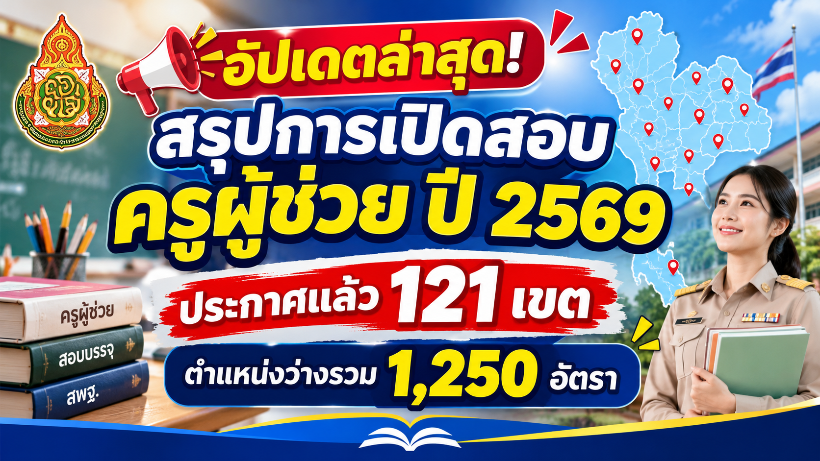 อัปเดตล่าสุด! สรุปการเปิดสอบครูผู้ช่วย ปี 2569 ประกาศแล้ว 121 เขต ตำแหน่งว่างรวม 1,250 อัตรา