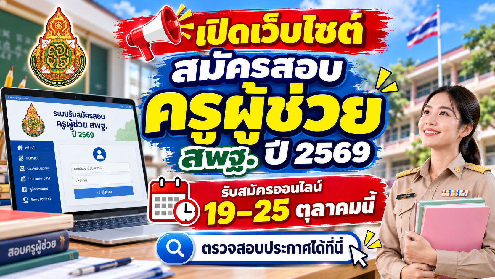 เปิดเว็บไซต์สมัครสอบครูผู้ช่วย สพฐ. ปี 2569 รับสมัครออนไลน์ 19–25 ตุลาคมนี้ ตรวจสอบประกาศได้ที่นี่