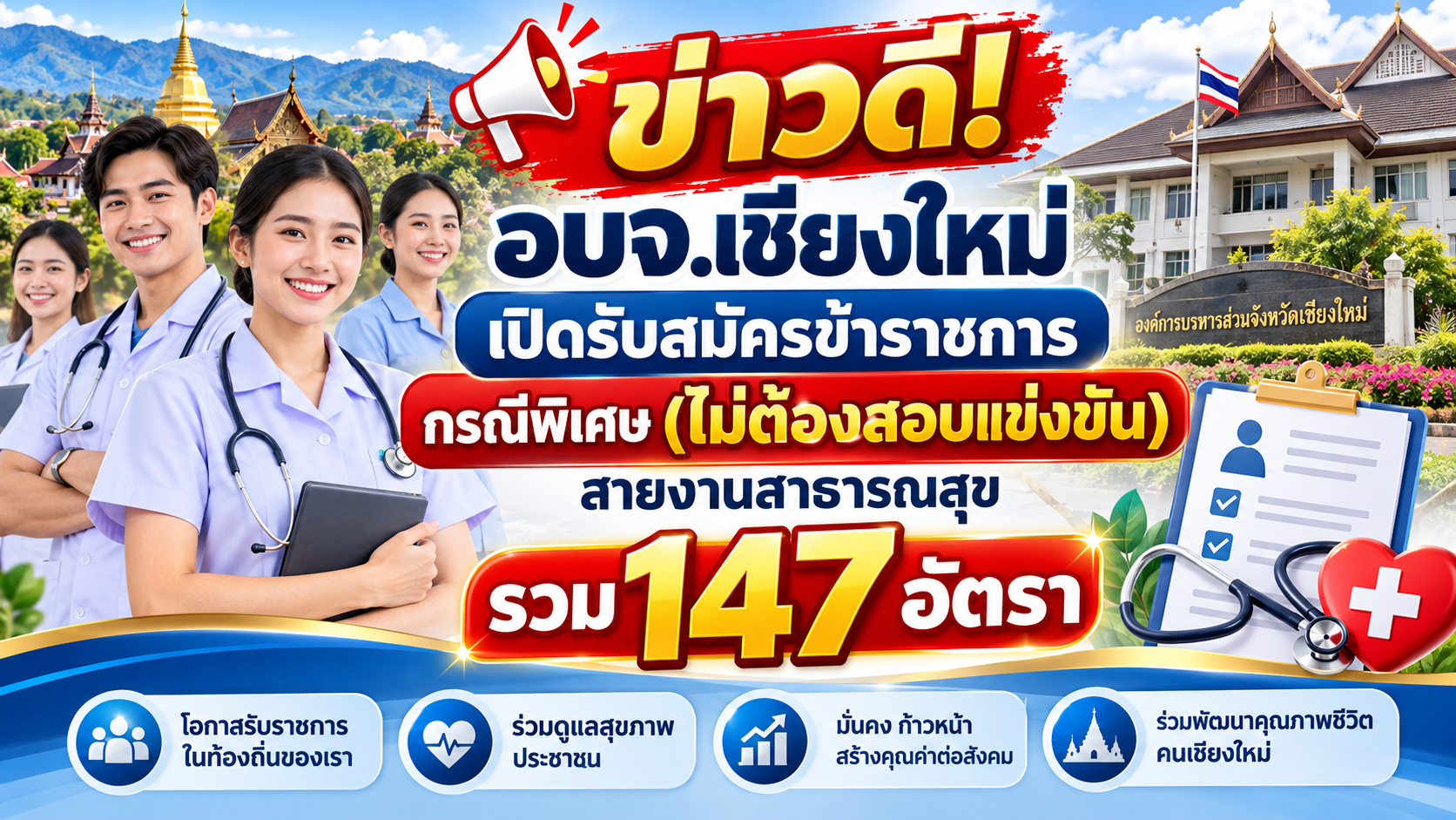 ข่าวดี! อบจ.เชียงใหม่ เปิดรับสมัครข้าราชการ กรณีพิเศษ (ไม่ต้องสอบแข่งขัน) สายงานสาธารณสุข รวม 147 อัตรา