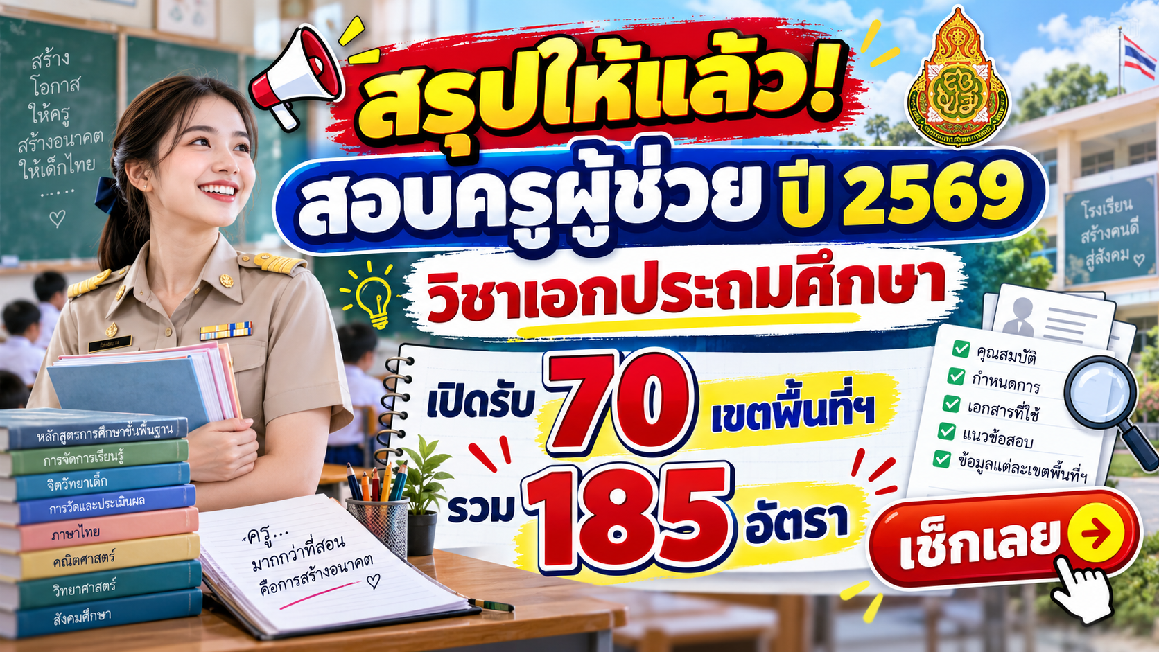 สรุปให้แล้ว! สอบครูผู้ช่วย ปี 2569 วิชาเอกประถมศึกษา เปิดรับ 70 เขตพื้นที่ฯ รวม 185 อัตรา เช็กเลย