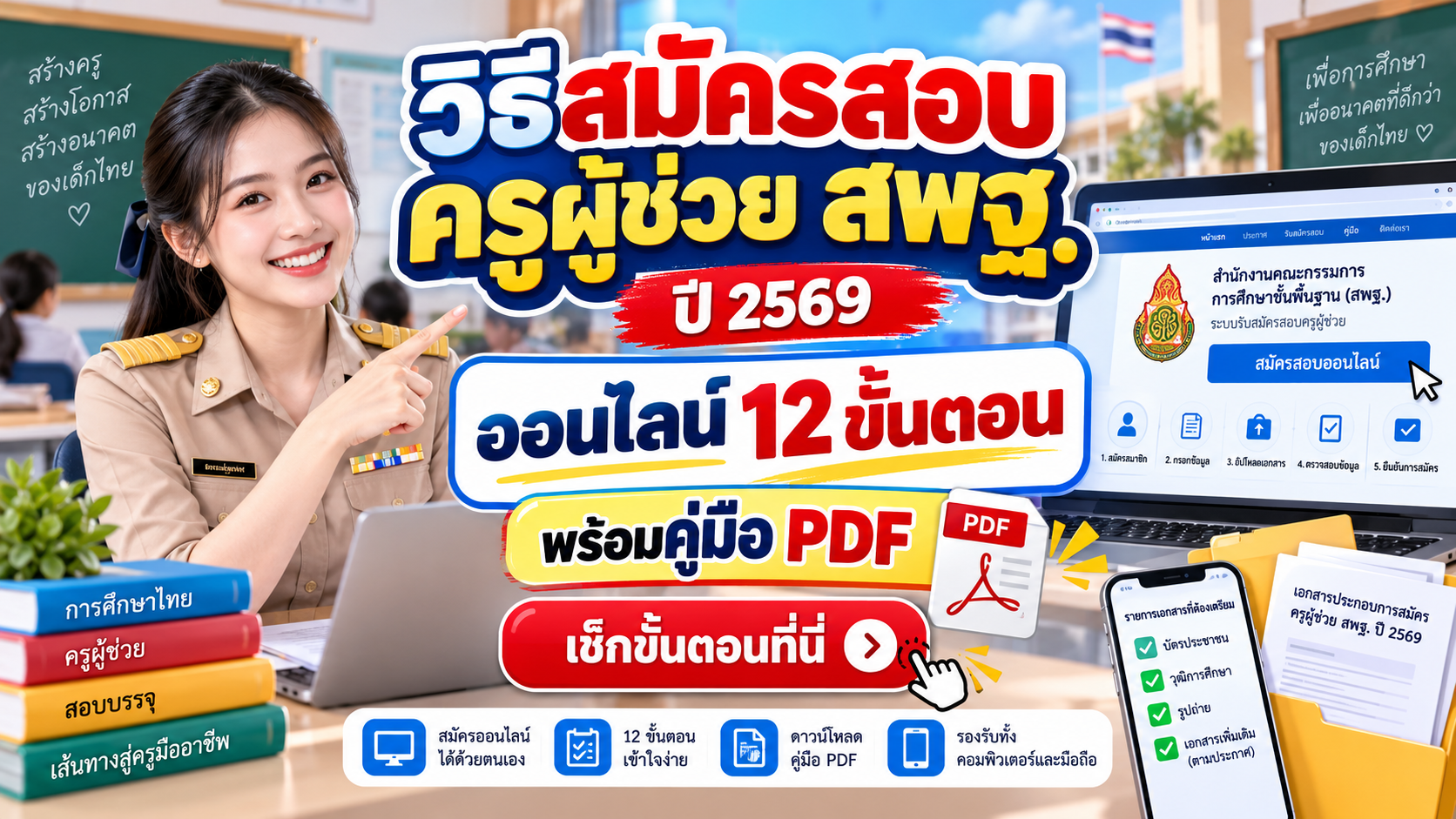 วิธีสมัครสอบครูผู้ช่วย สพฐ. ปี 2569 ออนไลน์ 12 ขั้นตอน พร้อมคู่มือ PDF