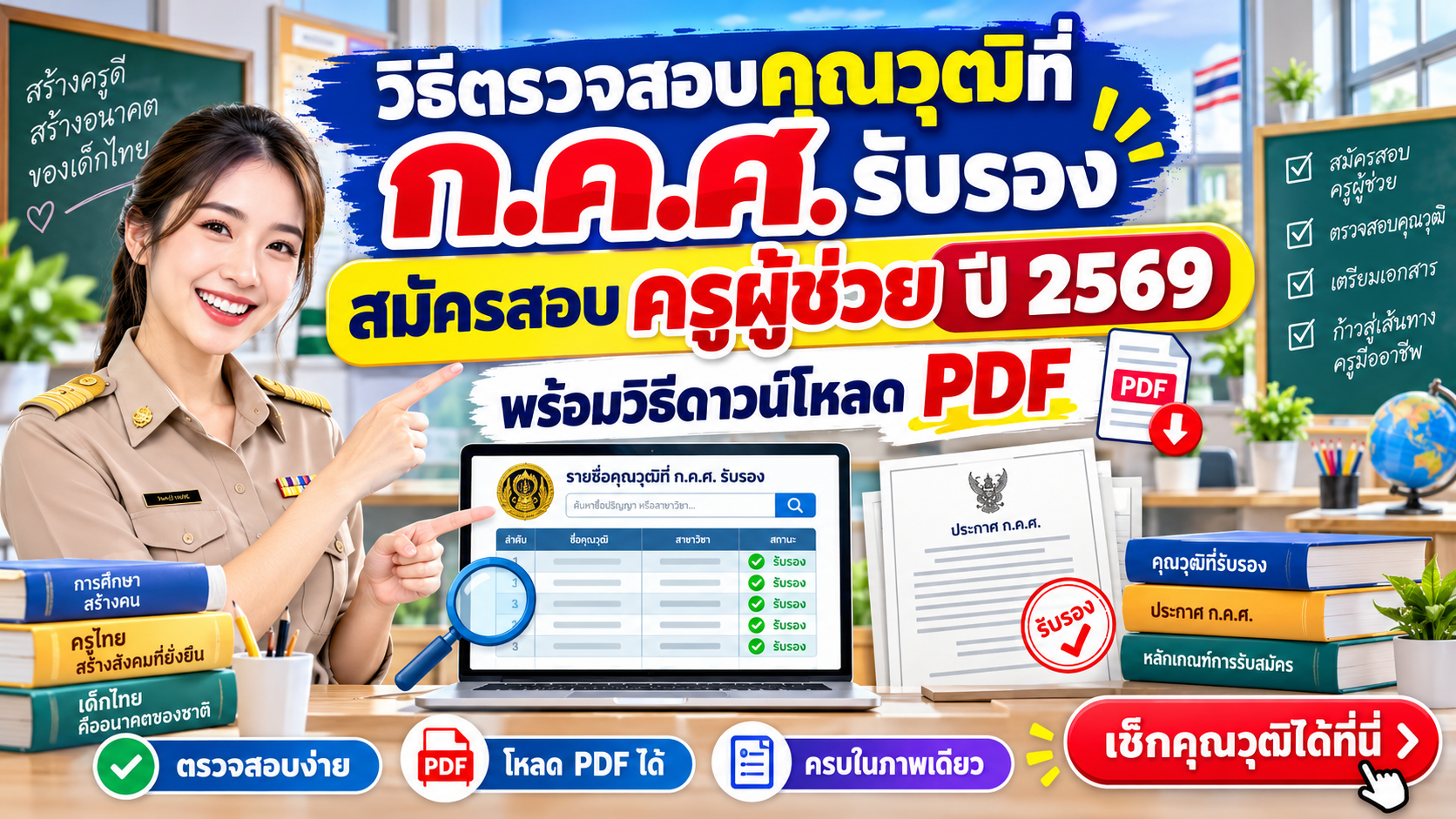 วิธีตรวจสอบคุณวุฒิที่ ก.ค.ศ. รับรอง สมัครสอบครูผู้ช่วย ปี 2569 พร้อมวิธีดาวน์โหลด PDF