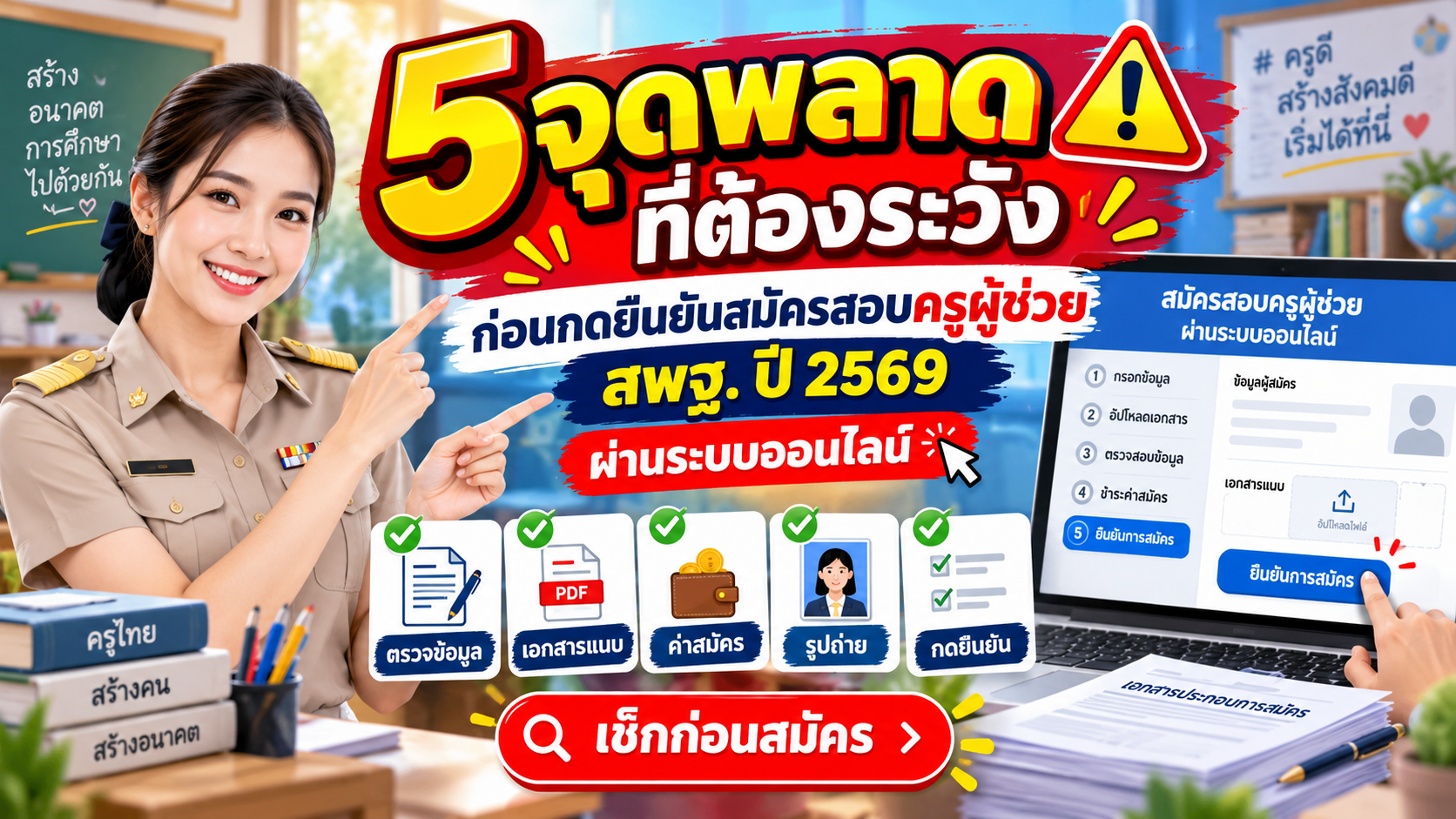 5 จุดพลาดที่ต้องระวัง ก่อนกดยืนยันสมัครสอบครูผู้ช่วย สพฐ. ปี 2569 ผ่านระบบออนไลน์