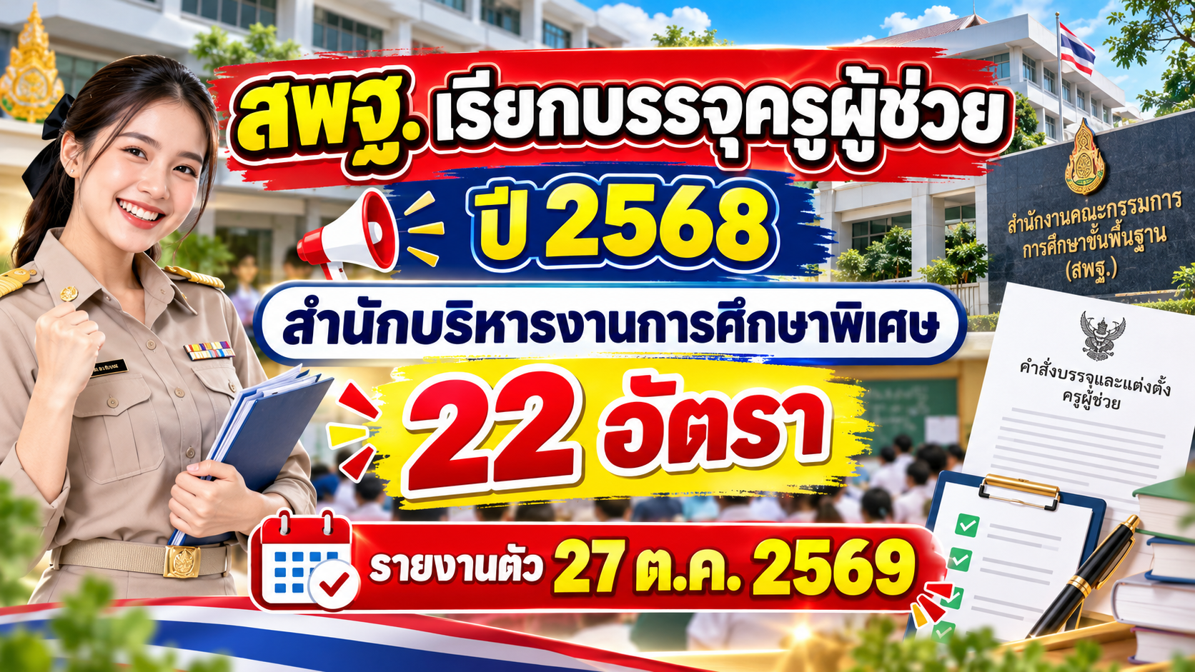 สพฐ. เรียกบรรจุครูผู้ช่วย ปี 2568 สำนักบริหารงานการศึกษาพิเศษ 22 อัตรา รายงานตัว 27 ต.ค. 2569