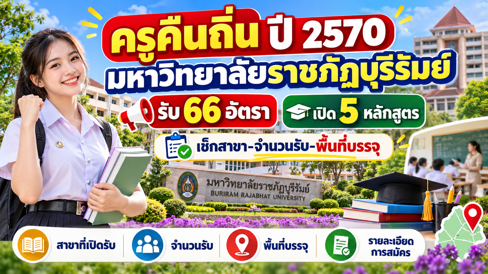 ครูคืนถิ่น ปี 2570 มหาวิทยาลัยราชภัฏบุรีรัมย์ รับ 66 อัตรา เปิด 5 หลักสูตร เช็กสาขา–จำนวนรับ–พื้นที่บรรจุ