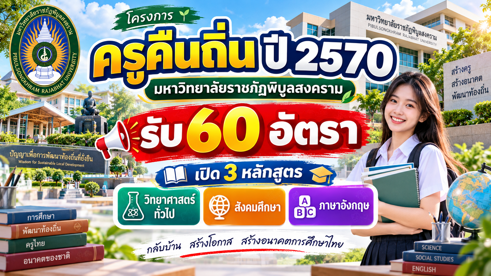 ครูคืนถิ่น ปี 2570 มหาวิทยาลัยราชภัฏพิบูลสงคราม รับ 60 อัตรา เปิด 3 หลักสูตร วิทยาศาสตร์ทั่วไป–สังคมศึกษา–ภาษาอังกฤษ