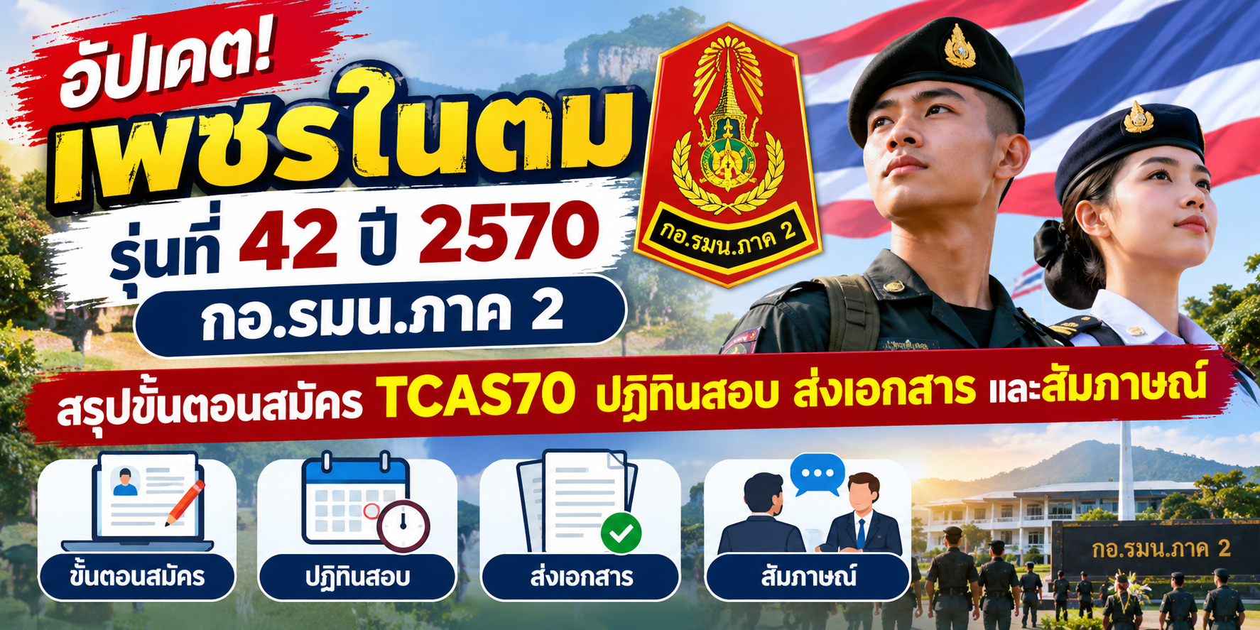 อัปเดต! เพชรในตม รุ่นที่ 42 ปี 2570 กอ.รมน.ภาค 2 สรุปขั้นตอนสมัคร TCAS70 ปฏิทินสอบ ส่งเอกสาร และสัมภาษณ์