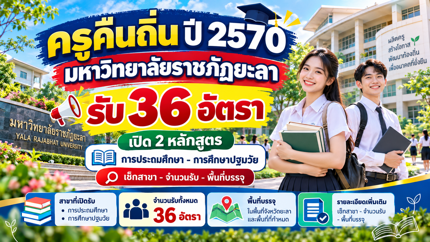 ครูคืนถิ่น ปี 2570 มหาวิทยาลัยราชภัฏยะลา รับ 36 อัตรา เปิด 2 หลักสูตร การประถมศึกษา-การศึกษาปฐมวัย เช็กสาขา-จำนวนรับ-พื้นที่บรรจุ