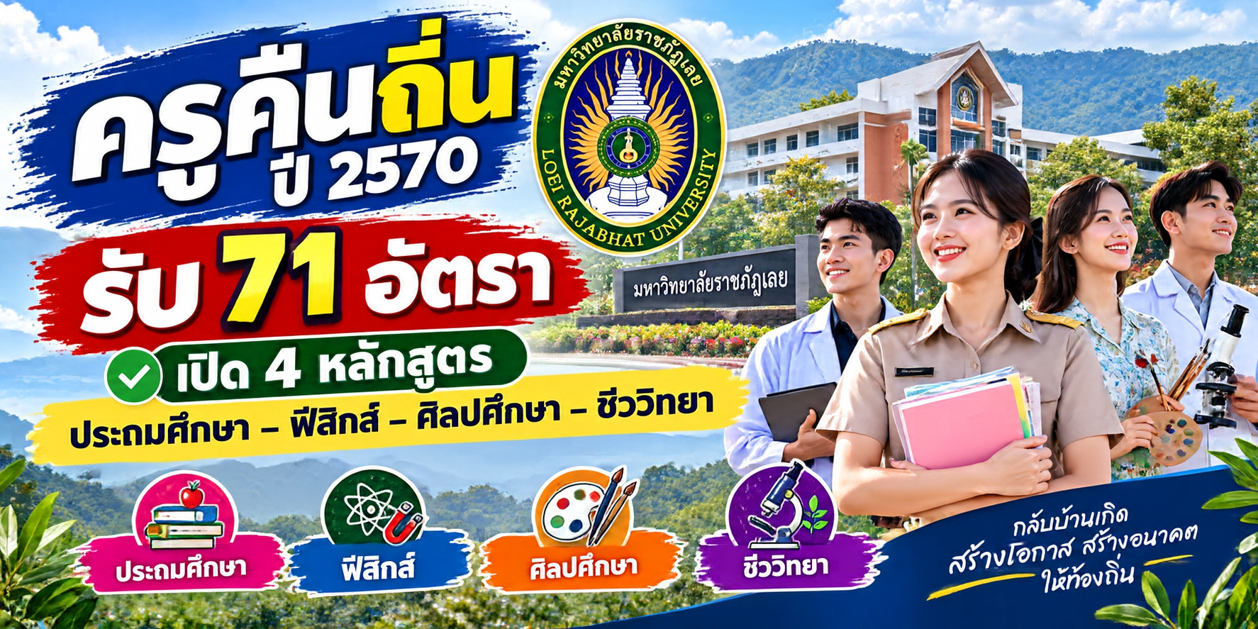 ครูคืนถิ่น ปี 2570 มหาวิทยาลัยราชภัฏเลย รับ 71 อัตรา เปิด 4 หลักสูตร ประถมศึกษา–ฟิสิกส์–ศิลปศึกษา–ชีววิทยา