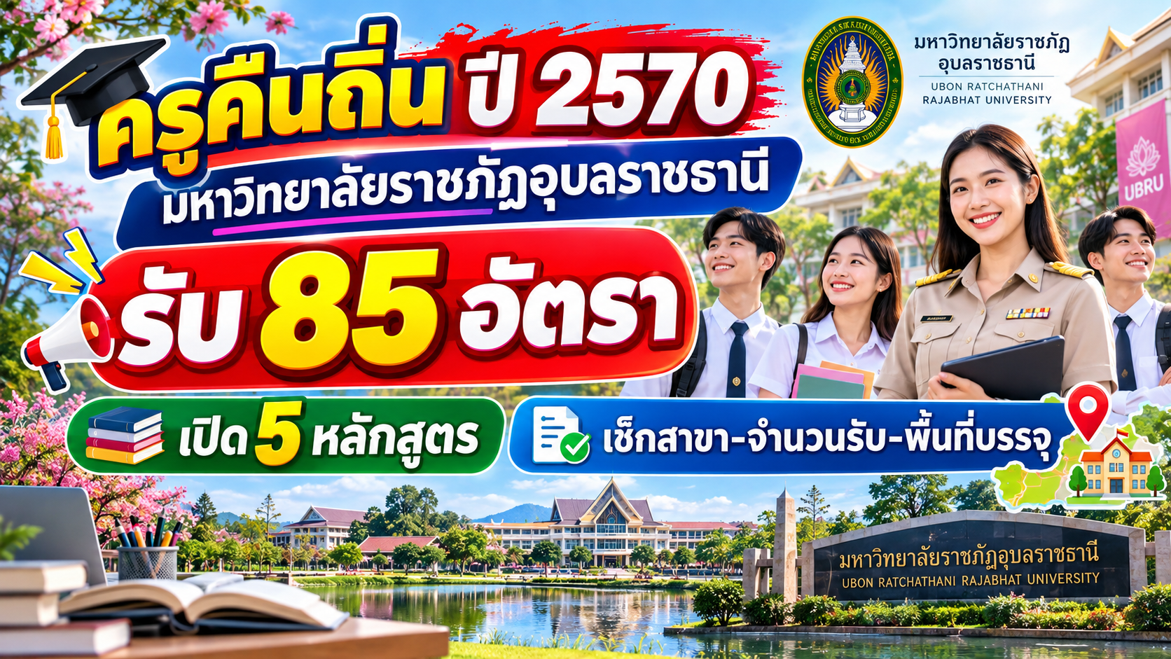 ครูคืนถิ่น ปี 2570 มหาวิทยาลัยราชภัฏอุบลราชธานี รับ 85 อัตรา เปิด 5 หลักสูตร เช็กสาขา-จำนวนรับ-พื้นที่บรรจุ