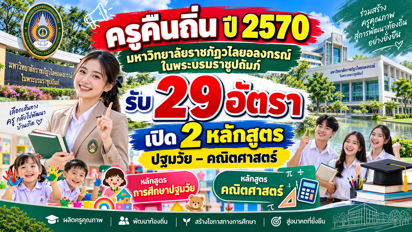 ครูคืนถิ่น ปี 2570 มหาวิทยาลัยราชภัฏวไลยอลงกรณ์ ในพระบรมราชูปถัมภ์ รับ 29 อัตรา เปิด 2 หลักสูตร ปฐมวัย–คณิตศาสตร์